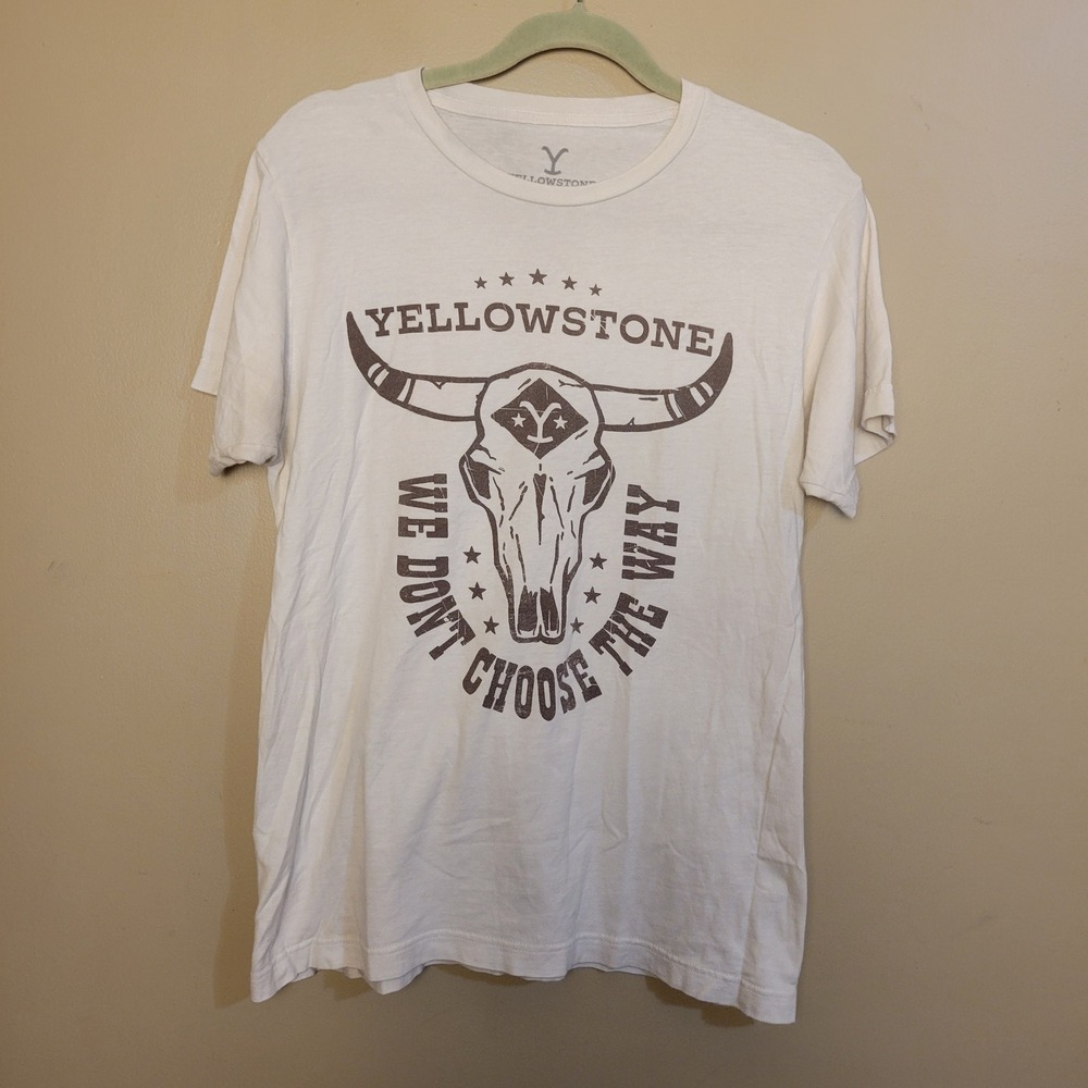 Yellowstone TV Show Graphic T-Shirt Mens Medium Cream Longhorn Skull‎ Cotton Tee